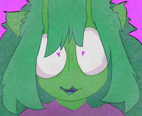 eskie (a green catgirl with alien antennae) with large eyes and tiny heart-shaped pupils, looking awestruck