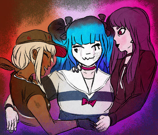 tsubasa, darumi, and hiruko (hundred line) embracing happily over a colorful background