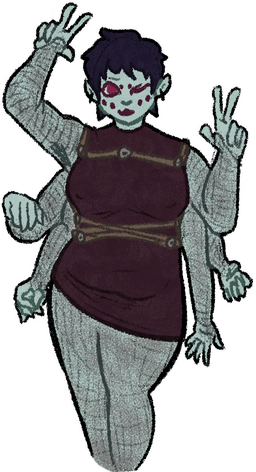 a grey-skinned girl with short hair and a bodycon dress. she has six arms and is posing flirtatiously