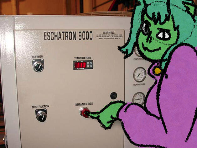 the Eschatron 9000 meme with eskie (a green catgirl with alien antennae) taking the place of the woman pressing the button