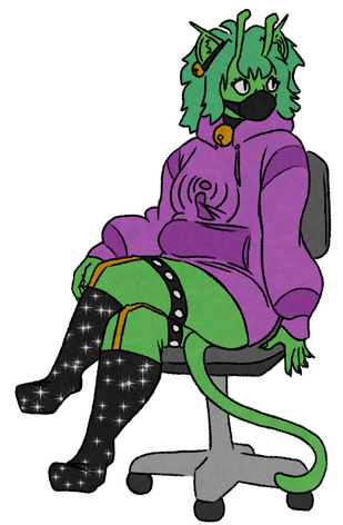 eskie (a green catgirl with alien antennae) lounging in an office chair. she is wearing a black mask and has star-studded thigh-highs