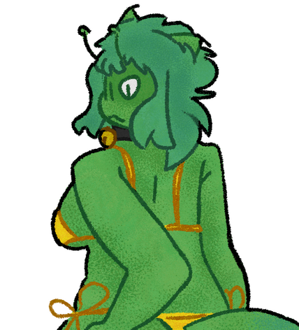 eskie (a green catgirl with alien antennae), on her knees facing away from the camera and wearing a skimpy golden bikini