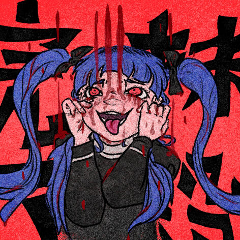 digital art of Darumi (Hundred Line) after performing an execution, with blood dripping onto her ecstatic face