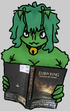 eskie (a green catgirl with alien antennae) posing topless with a photo of the Elden Ring official art book covering her chest