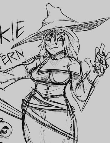sketchy art of a witchy girl with a sheathed sword and a derringer. it is labeled "Jackie Lantern, the Irredeemed Slasher"