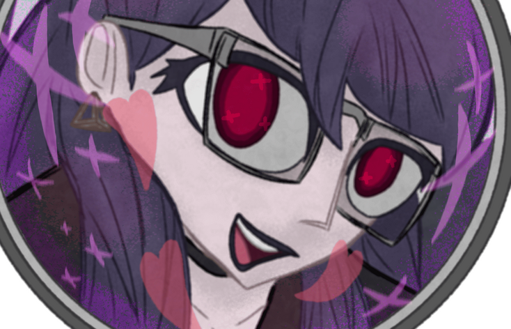 digital art of Hiruko (Hundred Line) with her face up against the peephole of a door in the style of Monitoring (DECO*27)