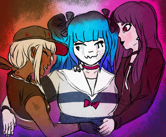 tsubasa, darumi, and hiruko (hundred line) embracing happily over a colorful background