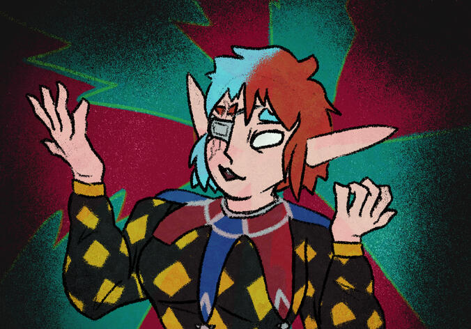 digital art of an elf in jester's clothing and an eyepatch, posing in glee as a cracked pinwheel halo frames their head
