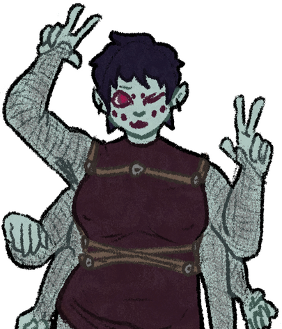 a grey-skinned girl with short hair and a bodycon dress. she has six arms and is posing flirtatiously