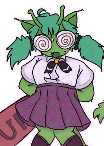 eskie (a green catgirl with alien antennae) in the style of Rotten Girl Miku, looking frazzled and holding a paddle that says "YURI"