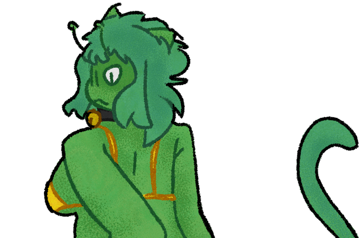 eskie (a green catgirl with alien antennae), on her knees facing away from the camera and wearing a skimpy golden bikini